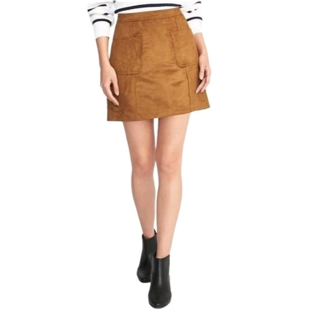 NWT Sz 8 Ladies Skirt Old Navy 15" Long Brown Polyester Faux Suede Aline Pockets